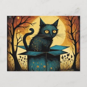 Halloween svart katt och fullt måne vykort