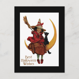 Halloween svart katt och häxa vykort