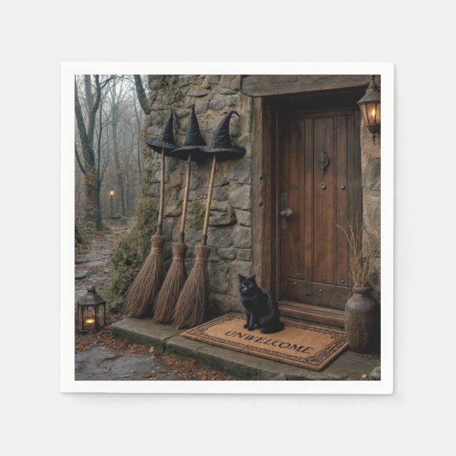 Halloween Svart Katt och Häxkvastar Pappersservett (Framsidan)