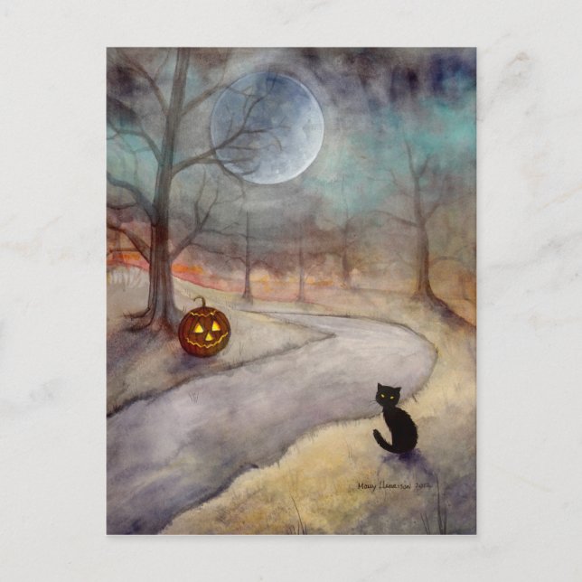 Halloween svart katt och pumpa Den glömda stigen Vykort (Framsida)