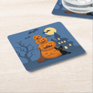 Halloween Svart Katt och Pumpa Underlägg Papper Kvadrat