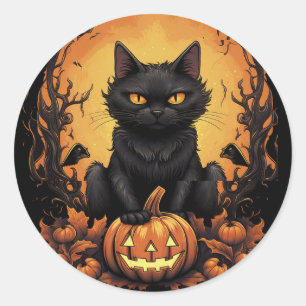 Halloween Svart Katt och Pumpkin Runt Klistermärke