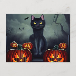 Halloween Svart Katt och Skrämmande Pumpor Helg Vykort