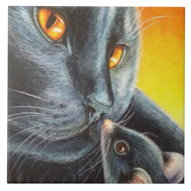 Halloween, svart katt och svart vattenfärg för mus kakelplatta (Framsidan)