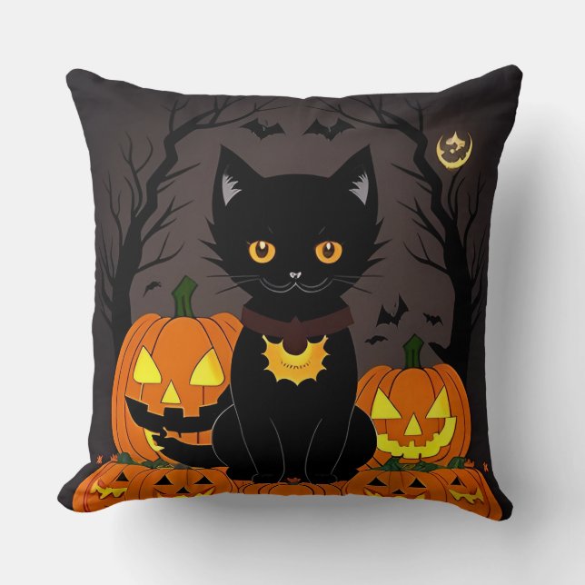 Halloween Svart Katt Omgiven av Jack-o'-Lanterns Kudde (Framsida)