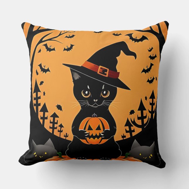 Halloween Svart Katt Omgiven av Jack-o'-Lanterns Kudde (Framsida)