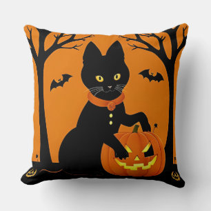 Halloween Svart Katt Omgiven av Jack-o'-Lanterns Kudde