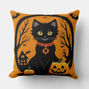 Halloween Svart Katt Omgiven av Jack-o'-Lanterns Kudde