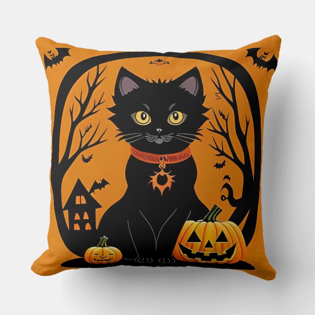 Halloween Svart Katt Omgiven av Jack-o'-Lanterns Kudde (Framsida)