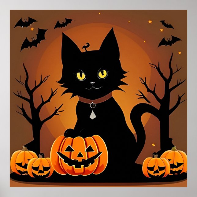 Halloween Svart Katt Omgiven av Jack-o'-Lanterns Poster (Framsidan)