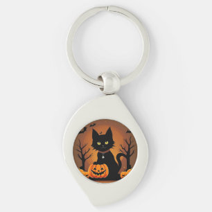 Halloween Svart Katt Omgiven av Jack-o'-Lanterns Swirl Silverfärgad Nyckelring