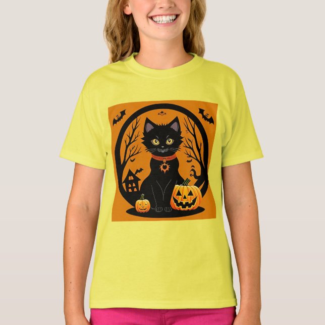 Halloween Svart Katt Omgiven av Jack-o'-Lanterns T Shirt (Framsida)