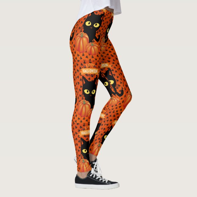 Halloween Svart Katt, Orange Mönster Leggings (Höger)