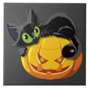 Halloween svart katt ovanpå pumkin kakelplatta