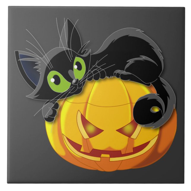 Halloween svart katt ovanpå pumkin kakelplatta (Framsidan)
