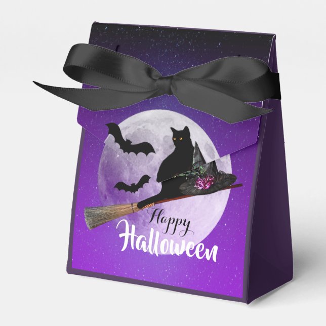 Halloween Svart Katt på Kvast Fullmåne Presentaskar (Framsidan Sidan)