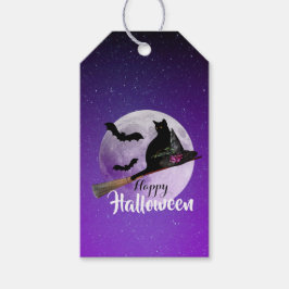 Halloween Svart Katt på Kvast Fullmåne Presentetikett