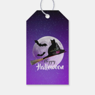 Halloween Svart Katt på Kvast Fullmåne Presentetikett