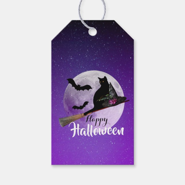 Halloween Svart Katt på Kvast Fullmåne Presentetikett (Framsidan)