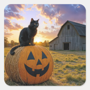 Halloween svart katt på pumpa höbal fyrkantigt klistermärke