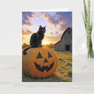 Halloween svart katt på pumpa höbal kort