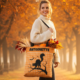 Halloween Svart Katt på Träd Orange Gingham Karo Tygkasse