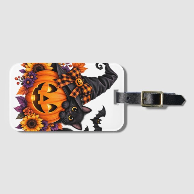 Halloween Svart Katt Pumpa Bagagebricka (Framsida horisontal)