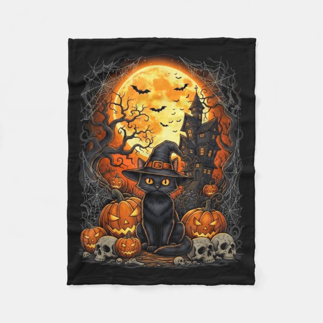Halloween svart katt pumpa fleecefilt (Framsidan)
