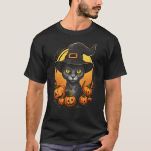 Halloween Svart Katt Pumpa Häxa Hatt Kuslig Kostym T Shirt