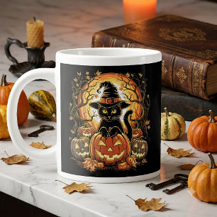 Halloween Svart Katt Pumpa Häxa Katt Skräck Jumbo Mugg