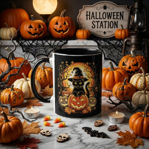 Halloween Svart Katt Pumpa Häxa Katt Skräck Mugg
