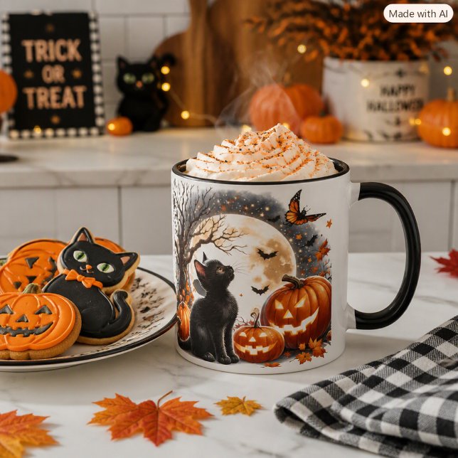 Halloween Svart Katt & Pumpa Höst Kaffe  Mugg (Skapare uppladdad)