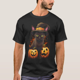 Halloween Svart Katt Pumpa Kostym Häxa Hatt Hall T Shirt