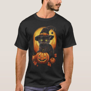 Halloween Svart Katt Pumpa Kostym Häxa Hatt Måne T Shirt