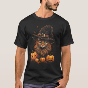 Halloween Svart Katt Pumpa Kostym Häxa Hatt Skräck T Shirt