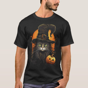 Halloween Svart Katt Pumpa Kostym Häxa Hatt Skrämm T Shirt