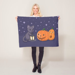 Halloween Svart Katt Pumpa Lykta Lila Fleecefilt