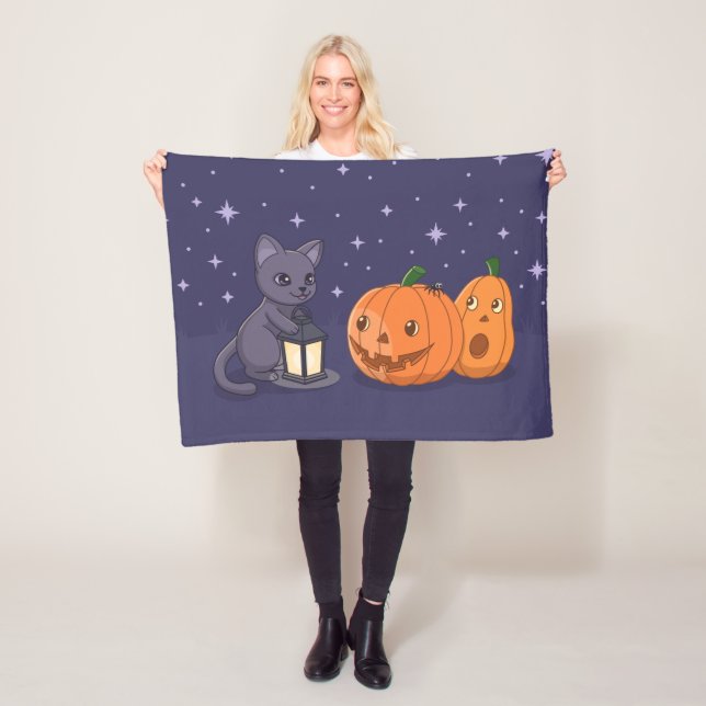 Halloween Svart Katt Pumpa Lykta Lila Fleecefilt (På plats)