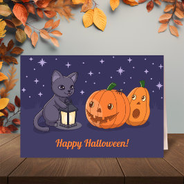 Halloween Svart Katt Pumpa Lykta Lila Kort