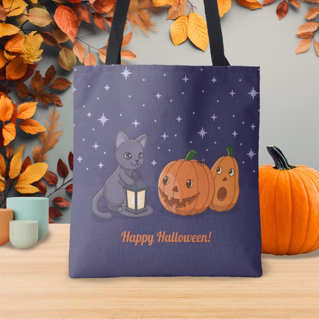 Halloween Svart Katt Pumpa Lykta Lila Tygkasse (Skapare uppladdad)