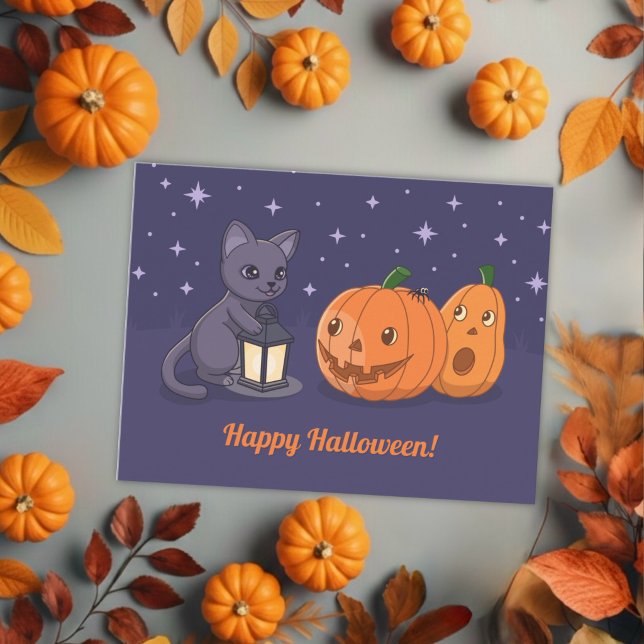 Halloween Svart Katt Pumpa Lykta Lila Vykort (Skapare uppladdad)