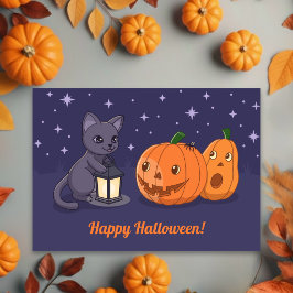 Halloween Svart Katt, Pumpa, Lykta på Lila Kort