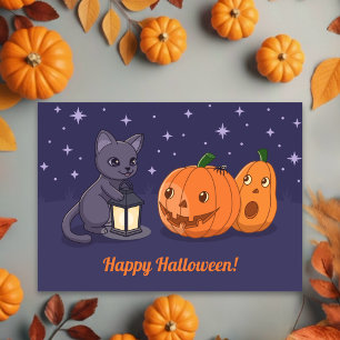 Halloween Svart Katt, Pumpa, Lykta på Lila Kort