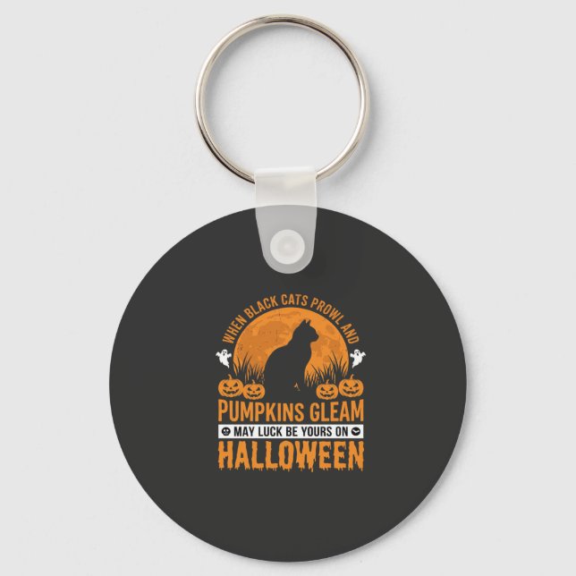 Halloween Svart Katt Pumpa Måne Design_1 Nyckelring (Framsida)