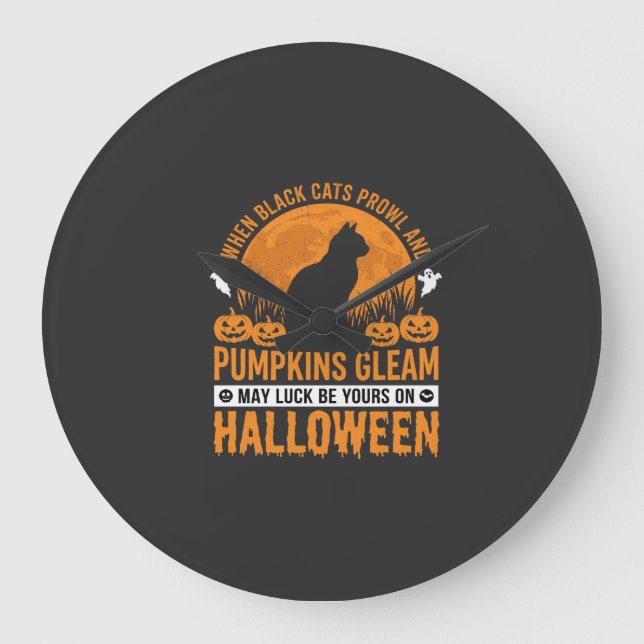 Halloween Svart Katt Pumpa Måne Design_1 Stor Klocka (Framsida)