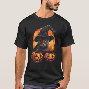 Halloween Svart Katt Pumpa Måne Häxa Hatt Kuslig  T Shirt