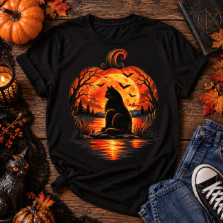 Halloween Svart Katt Pumpa Måne T Shirt