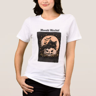 Halloween Svart Katt & Pumpa Månsken Grafik  T Shirt