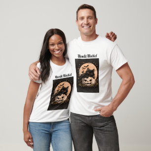 Halloween Svart Katt & Pumpa Månsken Grafik  T Shirt