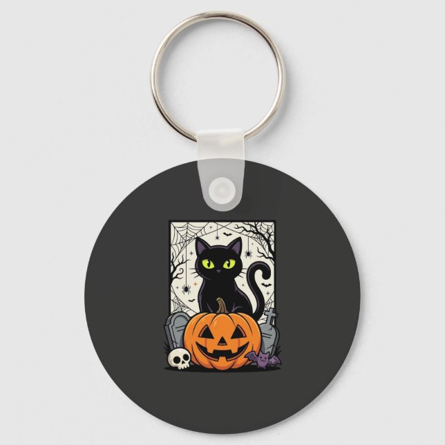 Halloween Svart Katt Pumpa Vektor Design Nyckelring (Framsida)